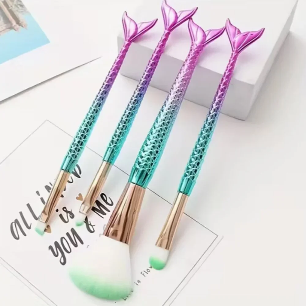 4-Piece Mermaid Makeup Brush Set | Metallic Teal Pink Purple | Tail Handle Brush